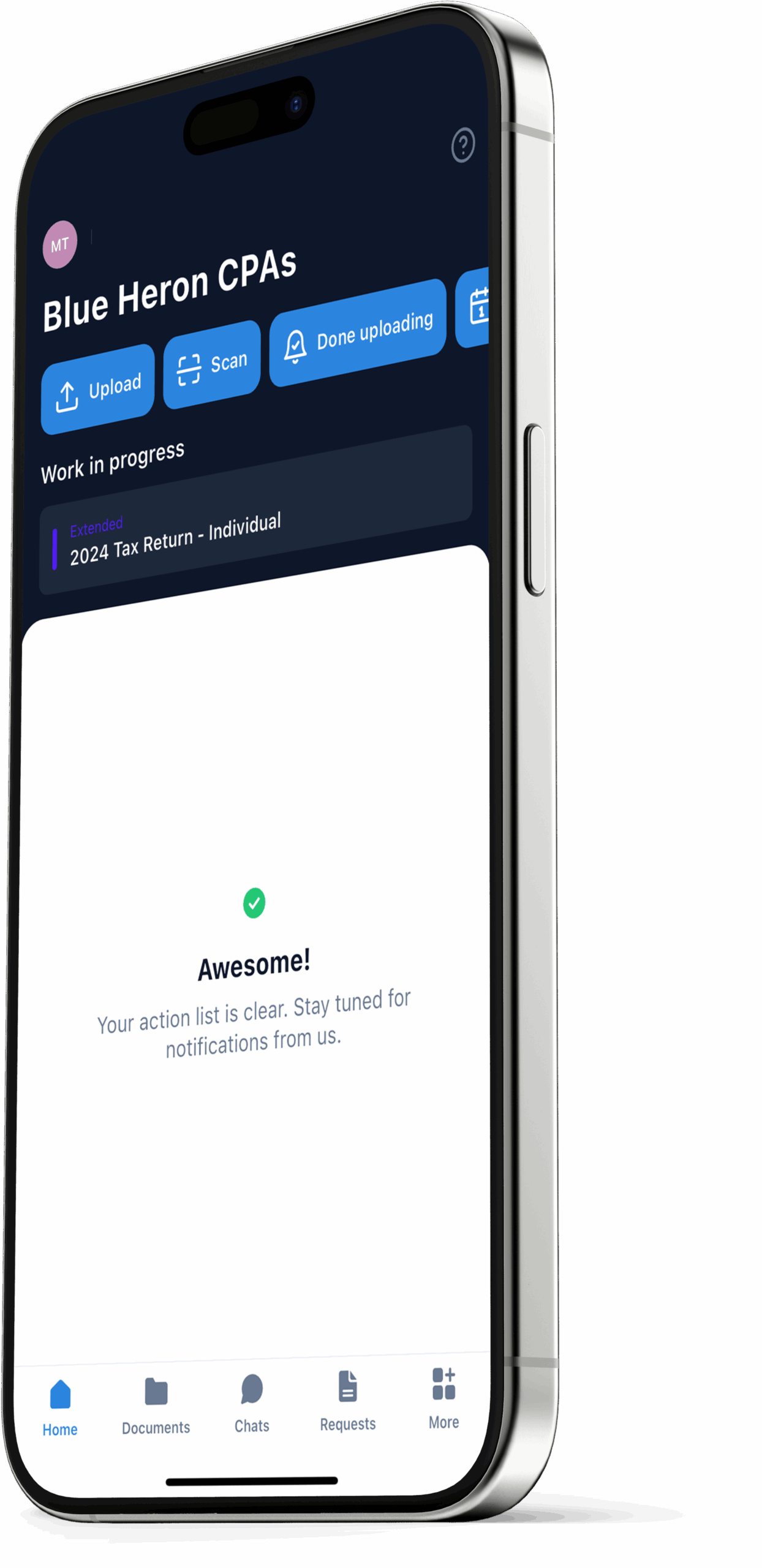 Mobile phone showing the Blue Heron CPAs client portal in the TaxDome app