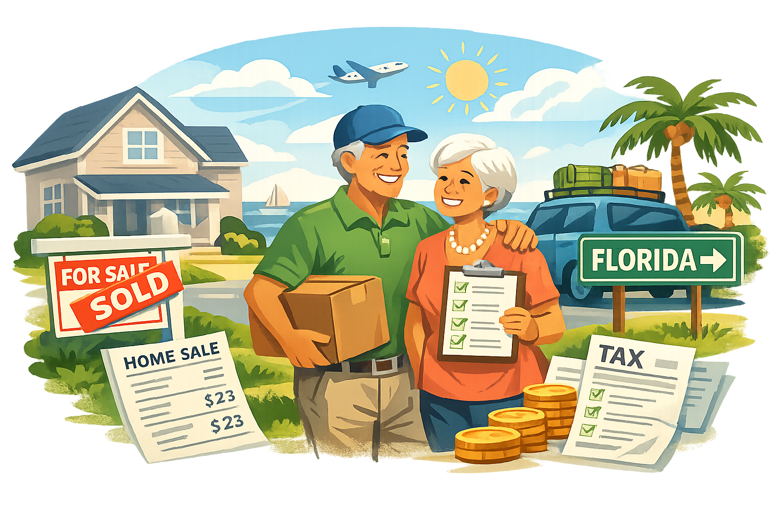 Retired_Couple_Selling_Home_Before_Florida_Move Cartoon illustration of a retired couple selling their home and preparing to move to Florida with a “SOLD” sign, checklist, and palm trees.