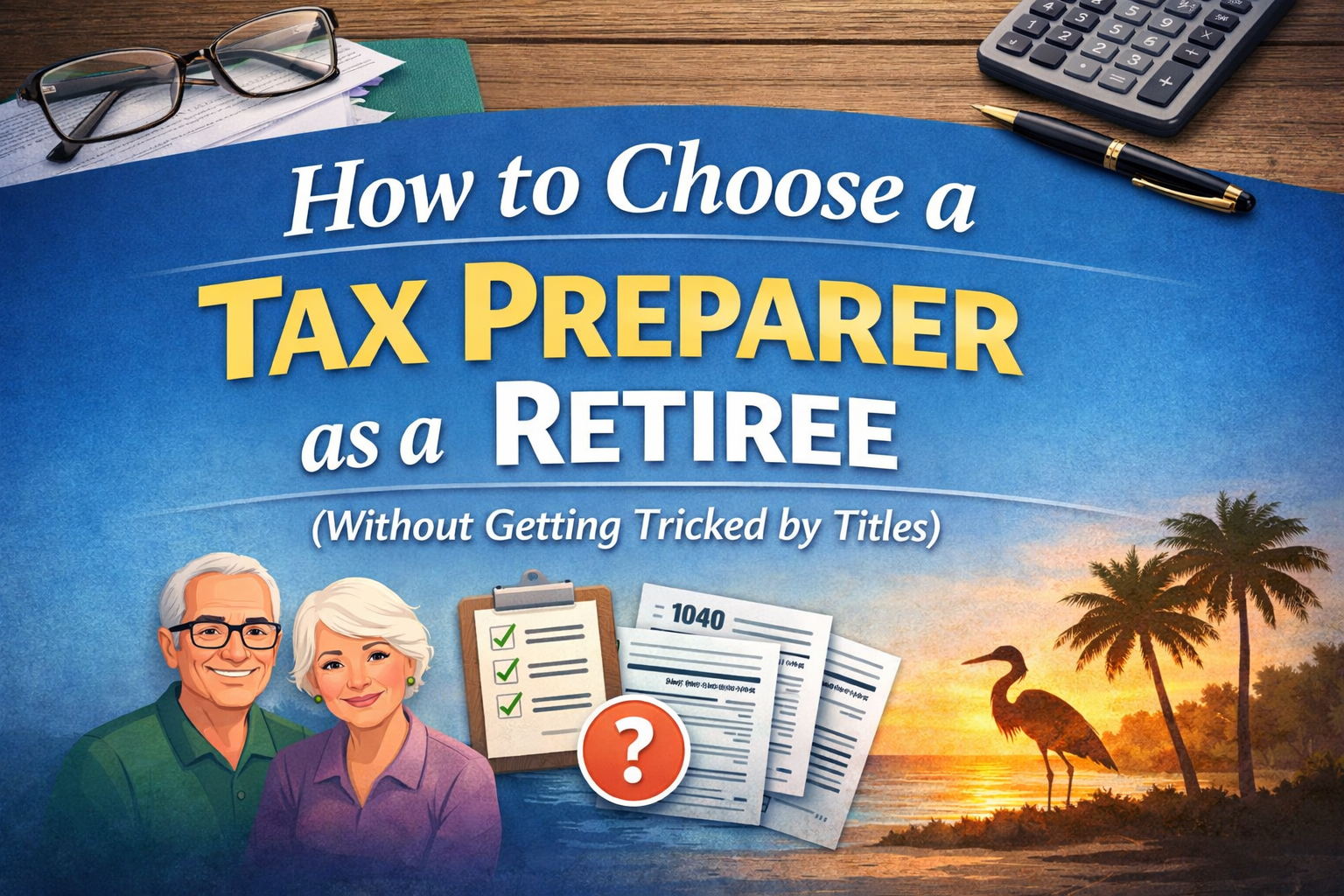 How to Choose a Tax Preparer as a Retiree Cartoon illustration of a retired couple reviewing tax documents and a checklist while choosing a tax preparer