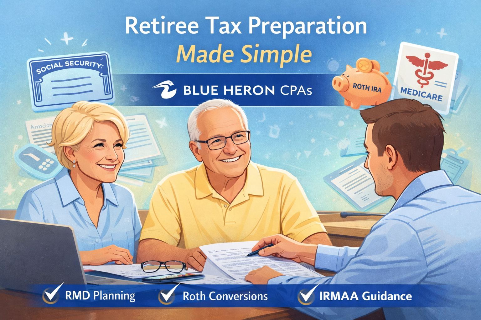 Retiree Tax Preparation Made Simple – Blue Heron CPAs Cartoon illustration of a retiree couple meeting with a CPA about tax preparation, highlighting RMD planning, Roth conversions, and IRMAA guidance.