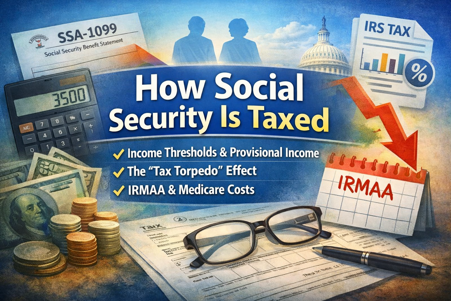 How Social Security Is Taxed Illustration showing how Social Security is taxed, including provisional income thresholds, the tax torpedo effect, and IRMAA Medicare costs.