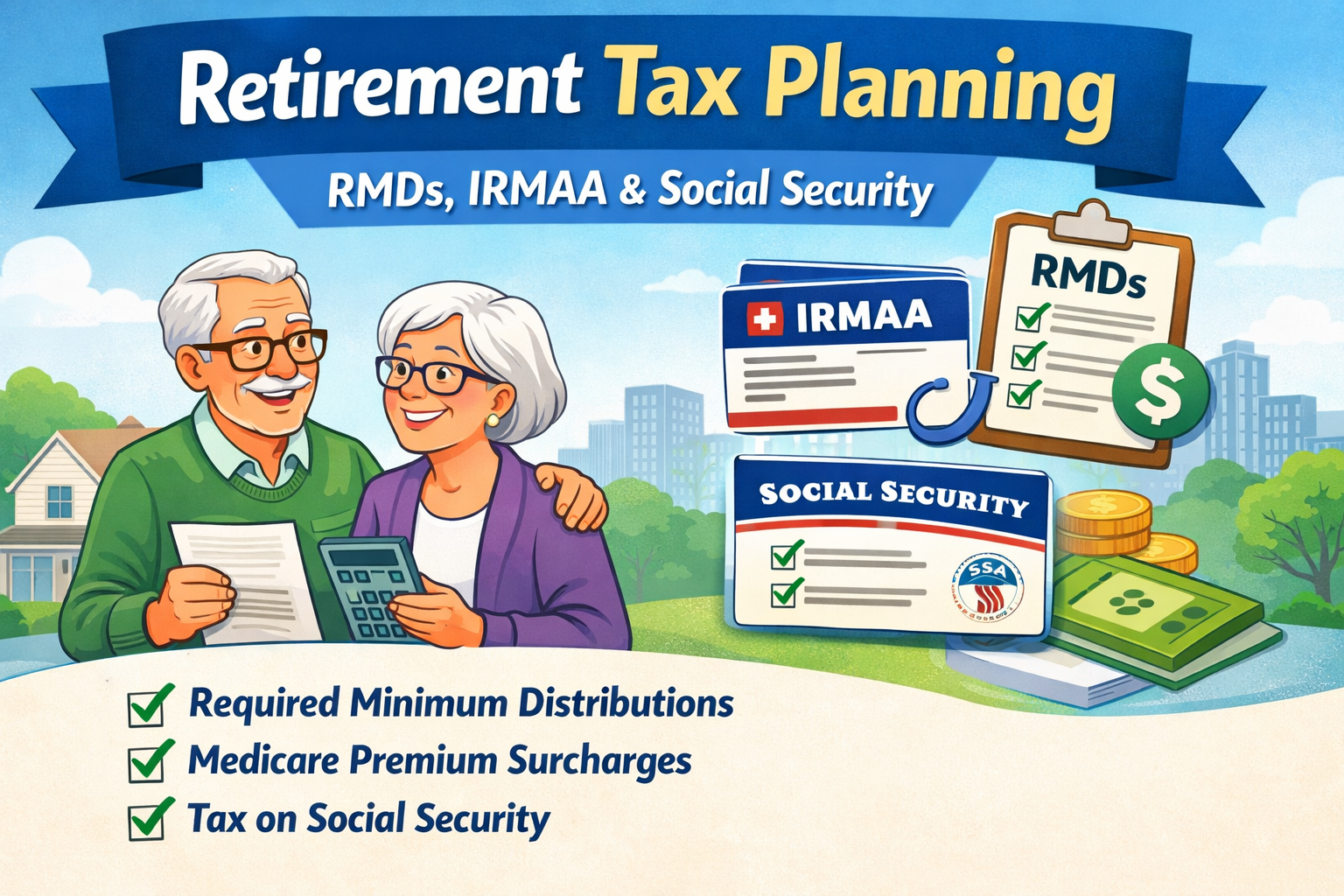 Cartoon older couple reviewing retirement tax planning for RMDs, IRMAA, and Social Security