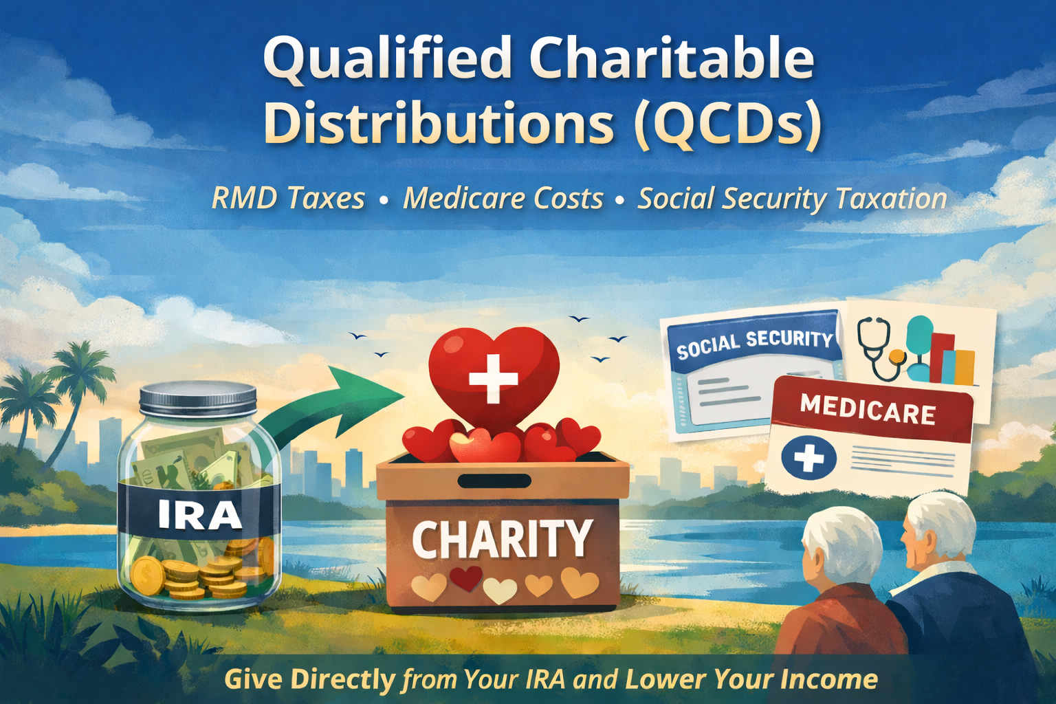 Qualified Charitable Distributions (QCDs) illustration showing IRA-to-charity giving to help manage RMD taxes, Medicare IRMAA costs, and Social Security taxation.